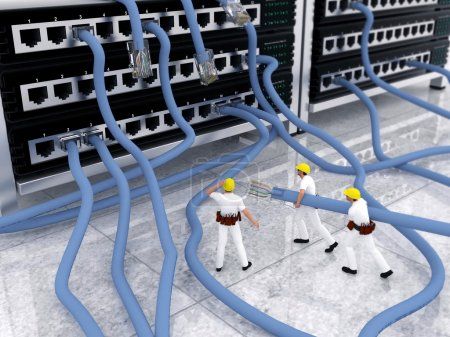 计算机的概念图像与工程师进行网络电缆网络问题和维护但不知道从哪里